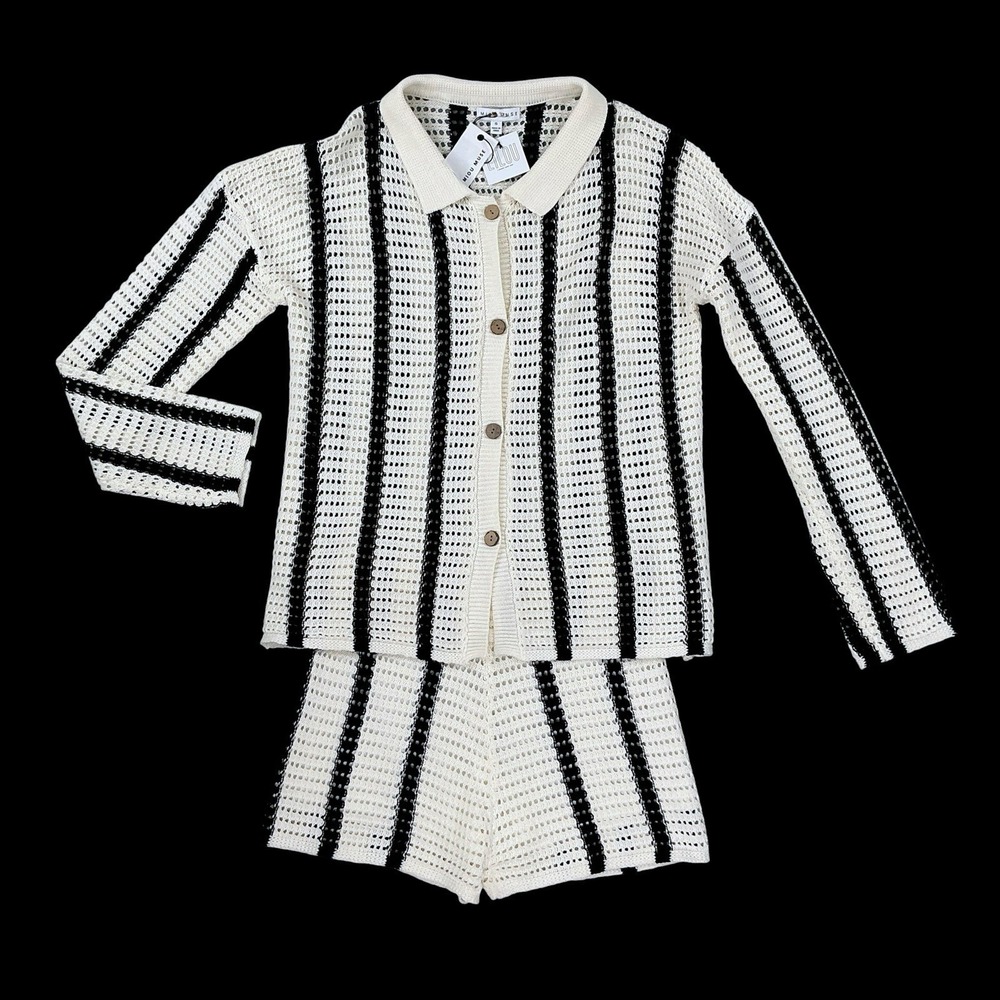 Miou Muse 2 Piece Set Small Sweater Medium Shorts Women Stripe Open Knit NWT